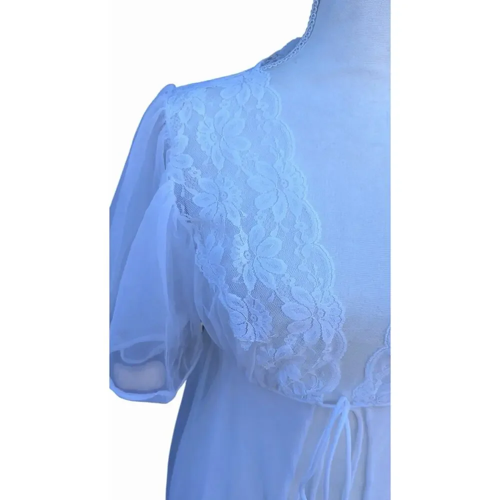 Vintage Vale Mode Sheer Lace Robe White Bridal Lingerie Nylon USA Small